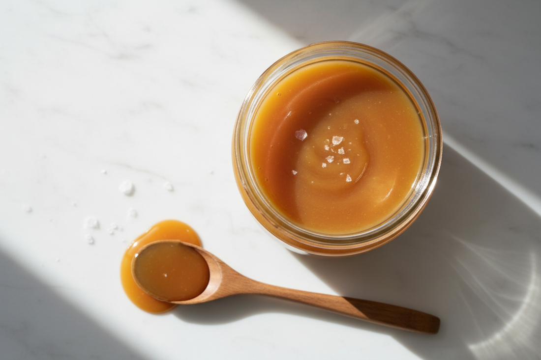 Glass jar of homemade salted caramel sauce on white marble surface with wooden spoon