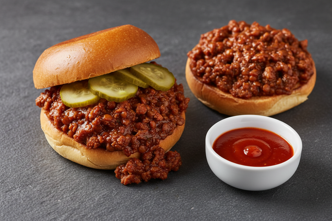 A homemade sloppy joe on a toasted bun with thick glossy filling and sliced pickles, alongside an open-faced bun on a dark slate surface