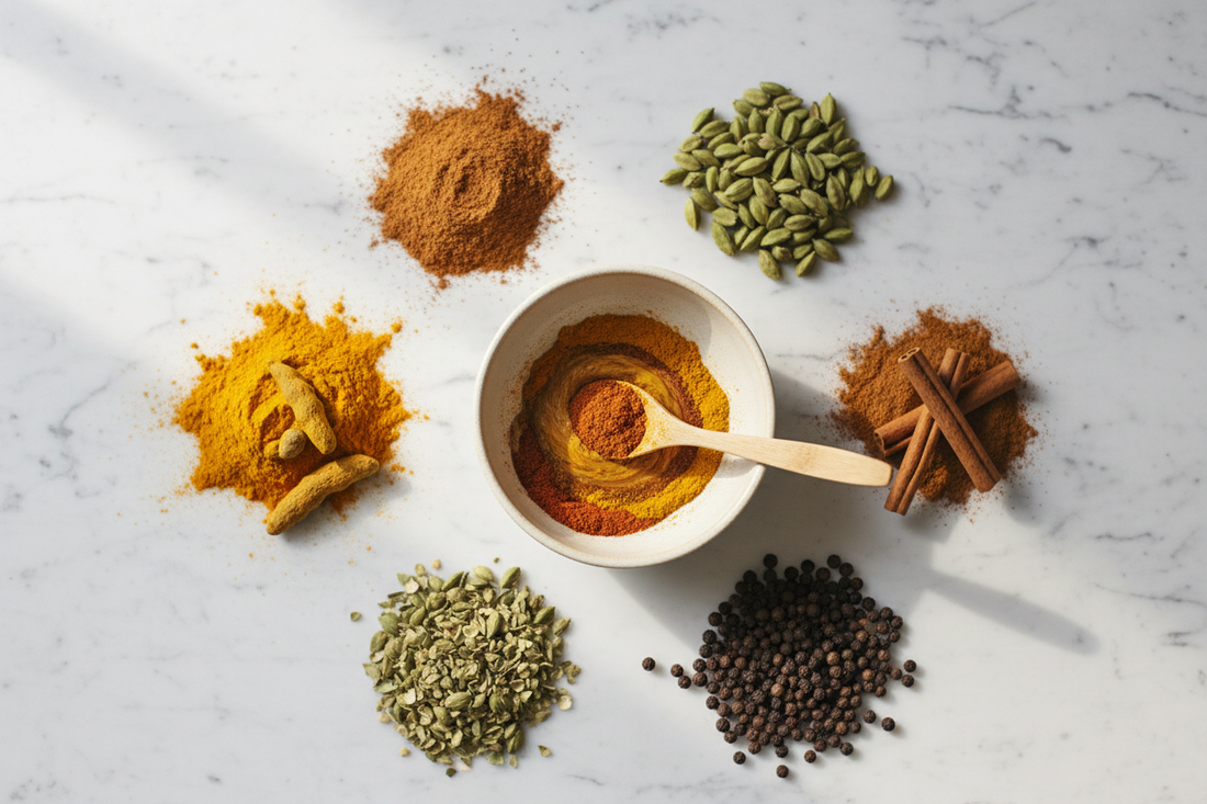 Warm golden and amber spice powders being combined in a small ceramic bowl on marble — turmeric, cinnamon, cardamom, and black pepper ready to be blended into The Grounded Kitchen's signature spice mixes.