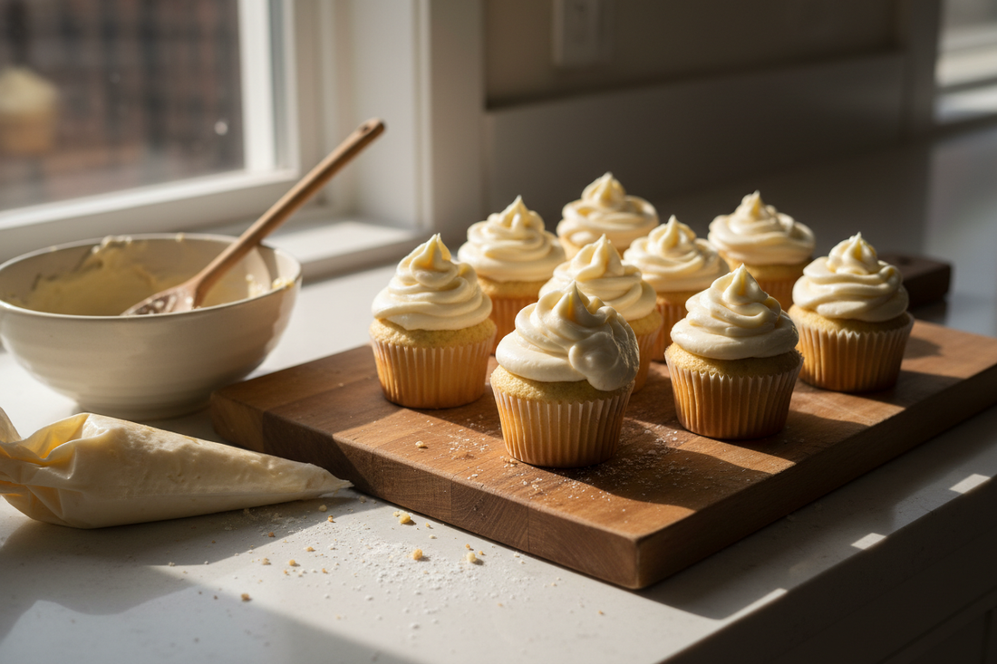 Homemade vanilla cupcakes with imperfect buttercream swirls on a home kitchen counter, with a mixing bowl and piping bag in the background