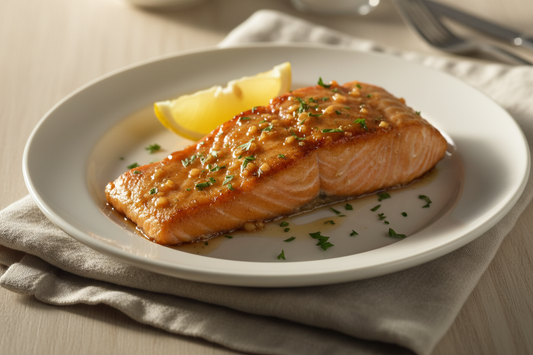 Honey garlic glazed salmon fillet with caramelised glaze, garnished with fresh parsley and lemon wedge on a white plate