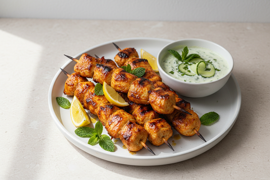 Honey-harissa chicken skewers with a caramelized glaze on a white platter with cucumber-yogurt sauce, fresh mint, and lemon wedges
