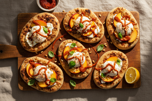 Overhead view of honey harissa peach flatbreads topped with torn burrata, ripe peach slices, fresh basil, toasted pine nuts, and a glossy harissa honey drizzle, served on a rustic wooden board.