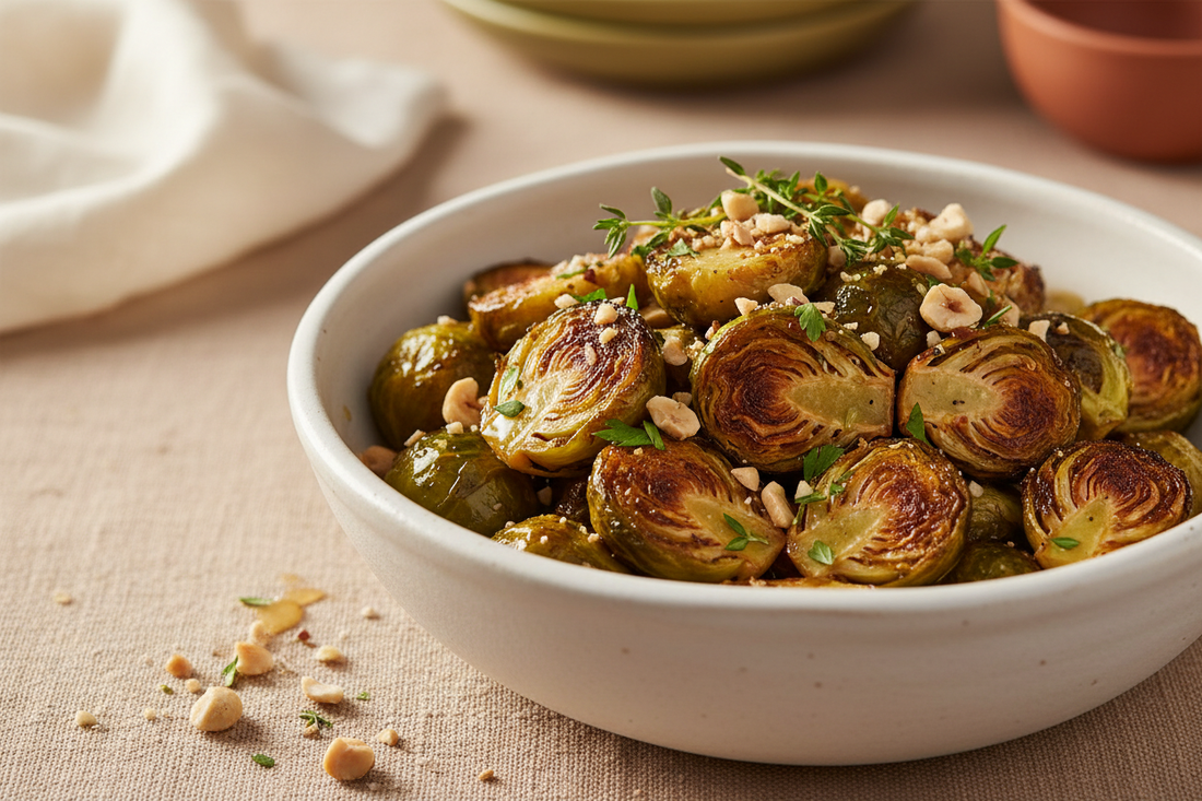 caramelized Brussels sprouts in a white bowl, toasted hazelnuts, honey drizzle, fresh herbs, natural side light