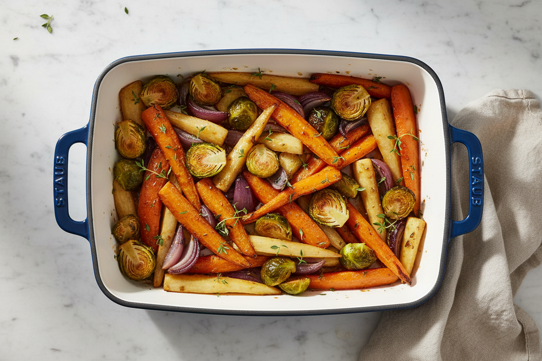 Honey-roasted root vegetables in ceramic baking dish with caramelized carrots, parsnips, and Brussels sprouts with golden-brown edges and fresh thyme
