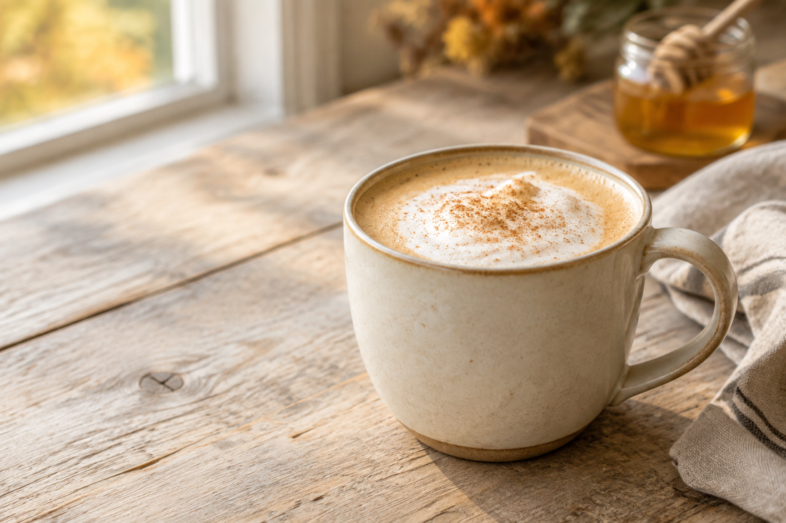 Honey-spiced latte with cinnamon-dusted foam in a cream ceramic mug beside a jar of honey on a wooden table.