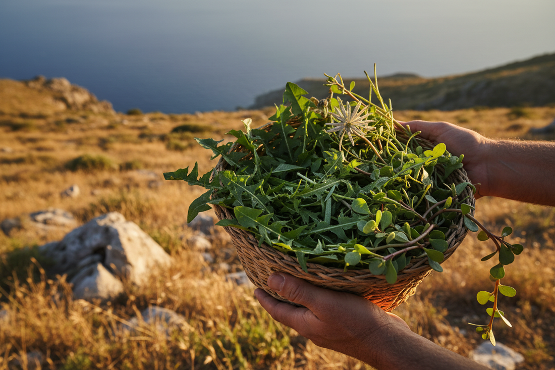 Hands holding woven basket filled with freshly foraged wild greens on rocky Ikarian hillside with Aegean Sea in background at golden hour