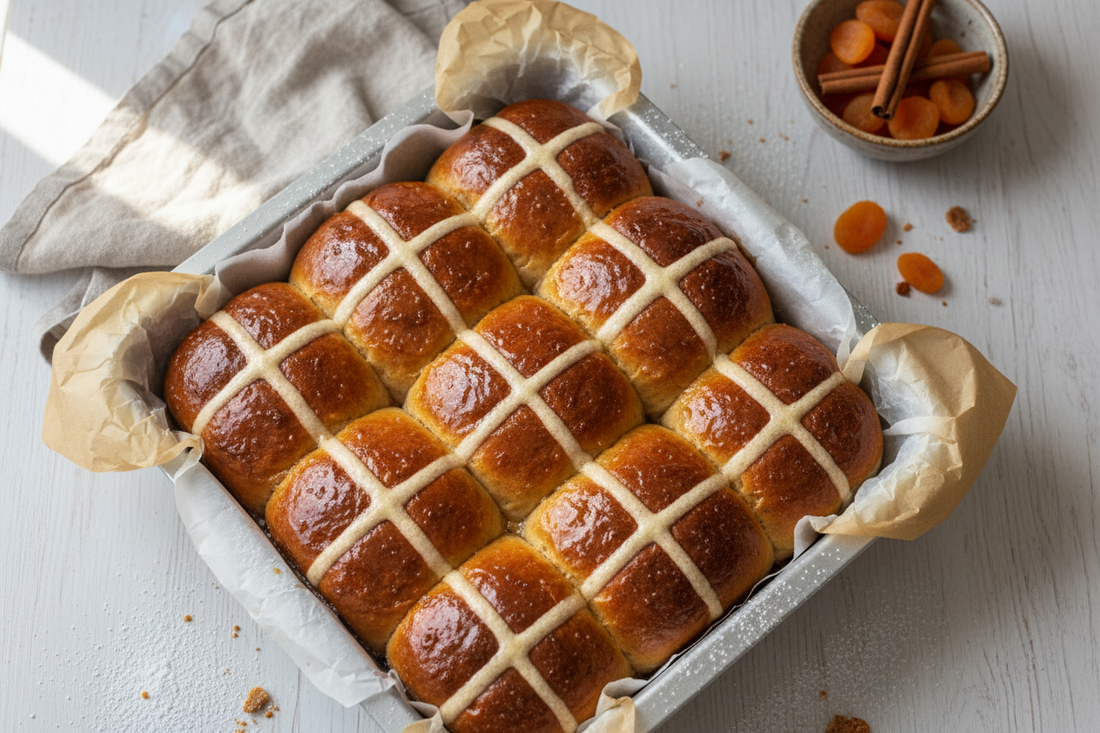 Overhead view of freshly baked hot cross buns in a lined tin, deep golden brown with white piped crosses and a glossy apricot glaze