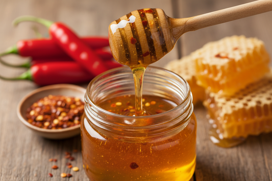 Close-up of golden hot honey being drizzled from a honey dipper, with visible red pepper flakes suspended in the honey, and fresh chilies in the background on a rustic wooden surface
