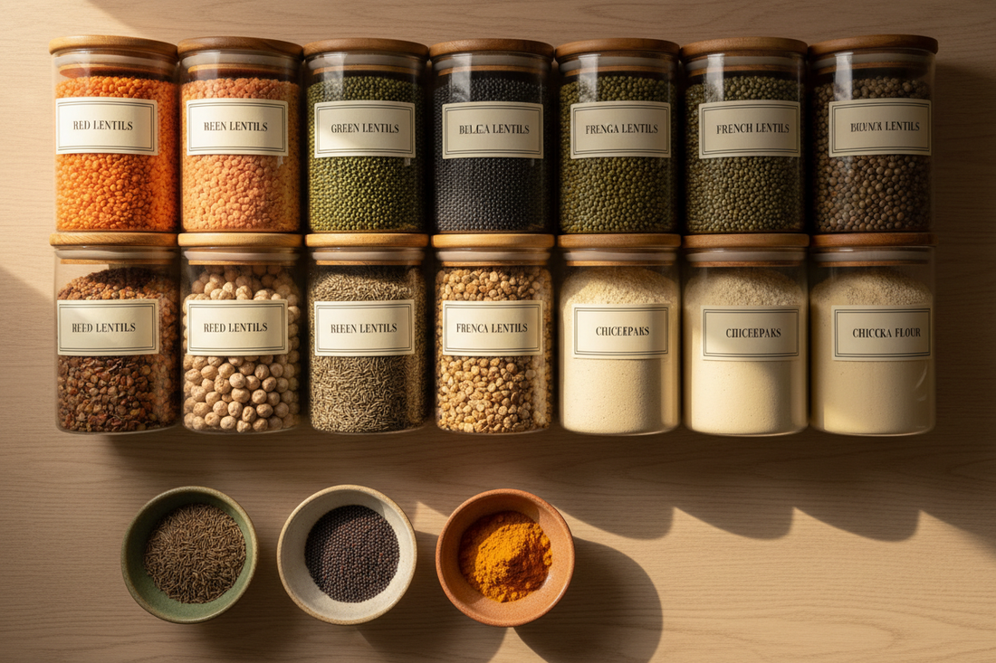 Overhead shot of organised glass jars of all four lentil varieties, dried chickpeas, and chickpea flour alongside small bowls of whole spices on a warm surface — the complete pulse pantry at a glance