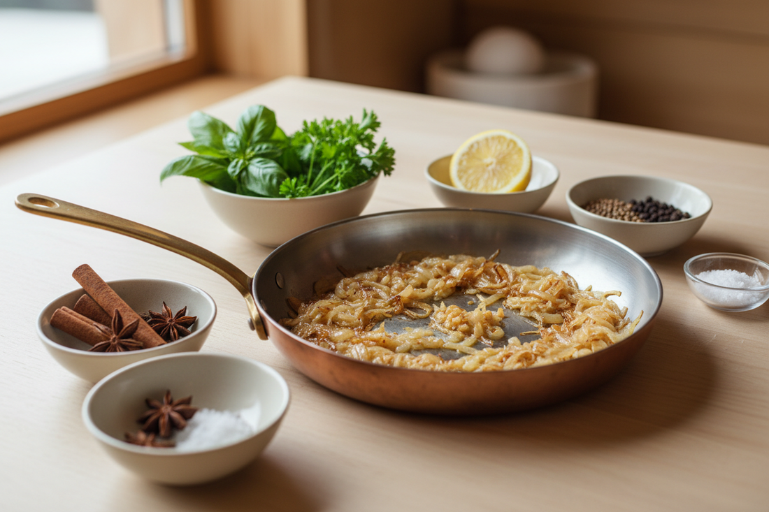 Copper pan with golden caramelized onions and garlic surrounded by fresh herbs, lemon, spices, and sea salt on a light surface with natural lighting