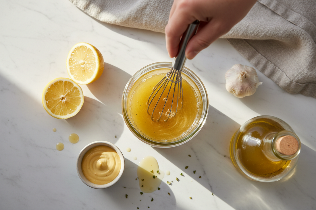 A small glass jar of golden vinaigrette being whisked on a white marble surface, surrounded by a halved lemon, Dijon mustard, a garlic clove, and a bottle of extra virgin olive oil in warm natural light.