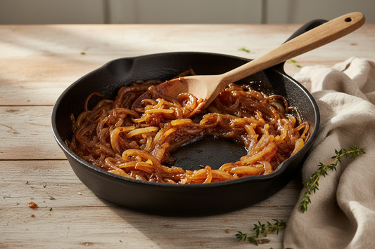Deeply caramelised golden-brown onions in a cast iron skillet with a wooden spoon on a wooden surface