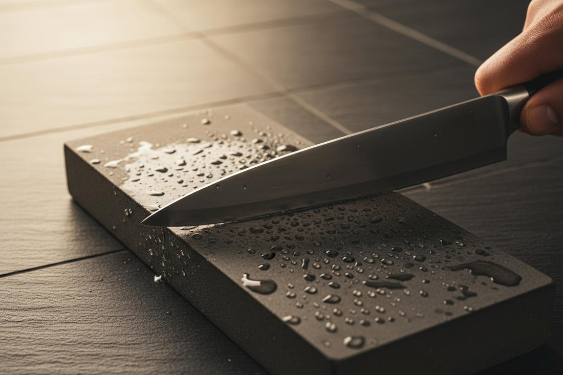 A chef's knife being sharpened on a whetstone with water droplets on the stone surface, set against a dark slate background in warm natural light.