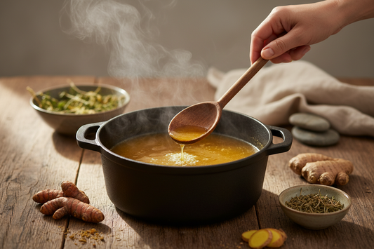 A cook's hand holding a wooden spoon over a pot of simmering golden broth, steam rising in warm natural light.