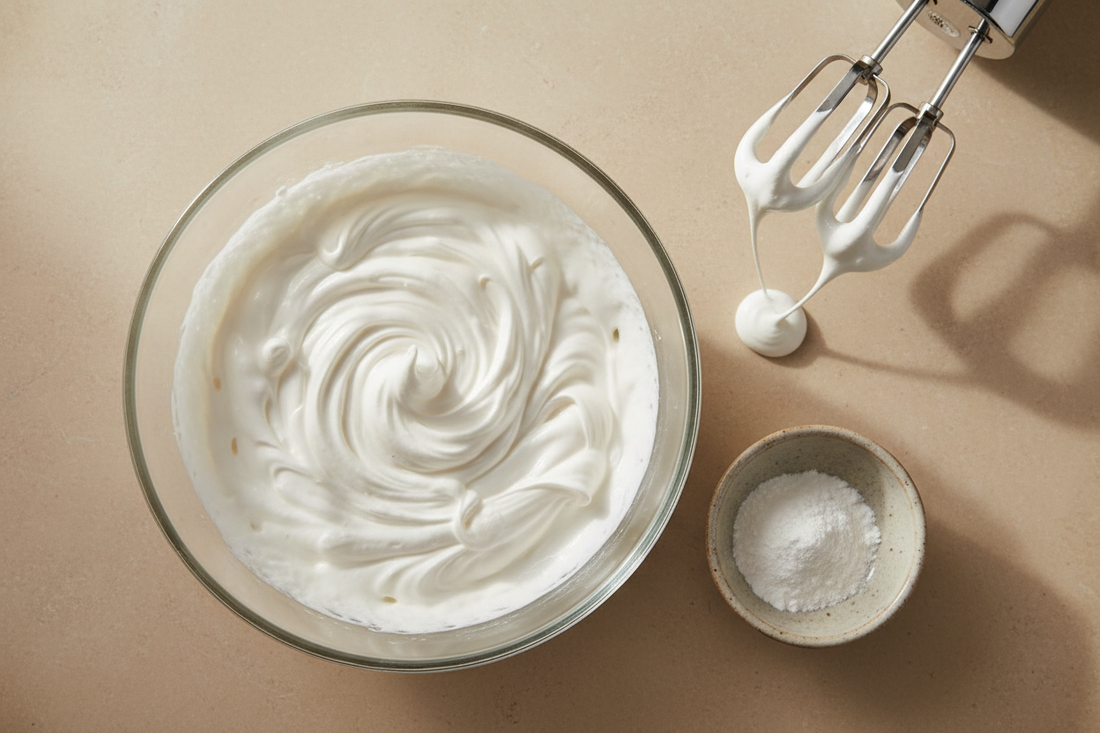 Overhead shot of a glass bowl of aquafaba whipped to stiff glossy peaks, hand mixer lifted showing the firm peak, cream of tartar alongside on a warm stone surface