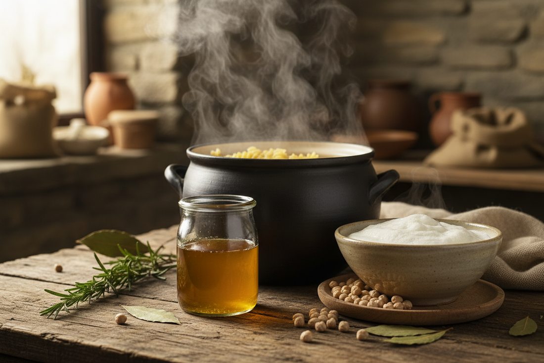 A glass jar of golden braising liquid, a pot of pasta water, and a bowl of aquafaba with dried chickpeas arranged on a wooden surface — a guide to using leftover cooking liquid.