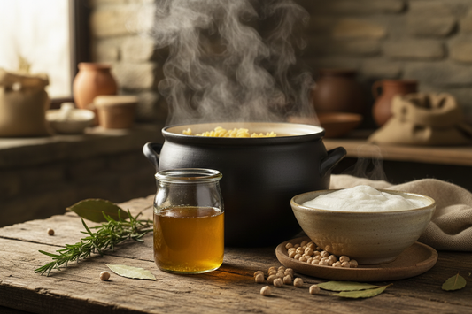 A glass jar of golden braising liquid, a pot of pasta water, and a bowl of aquafaba with dried chickpeas arranged on a wooden surface — a guide to using leftover cooking liquid.
