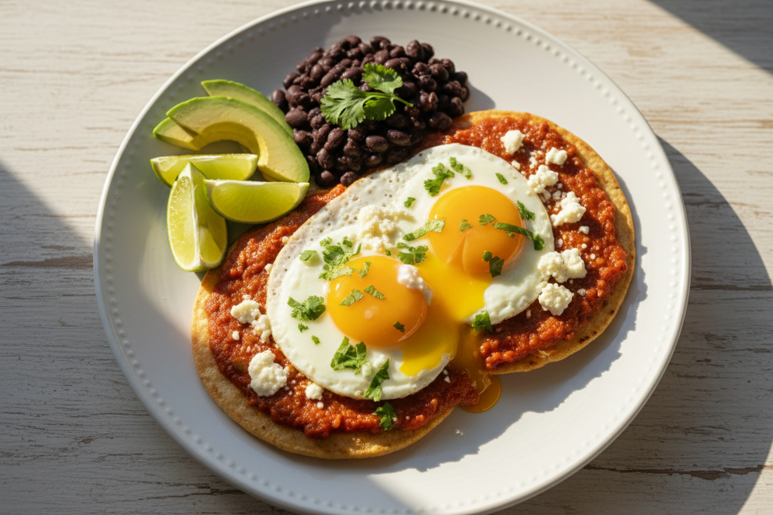 Huevos rancheros with fried eggs, spiced tomato sauce, melted cheese, and fresh cilantro on crispy tortillas with black beans and avocado