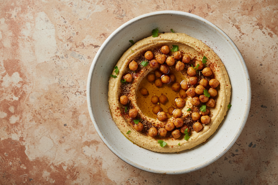 Overhead shot of warm hummus in a wide ceramic bowl with a golden olive oil well, whole spiced chickpeas, smoked paprika, and fresh parsley on a warm stone surface