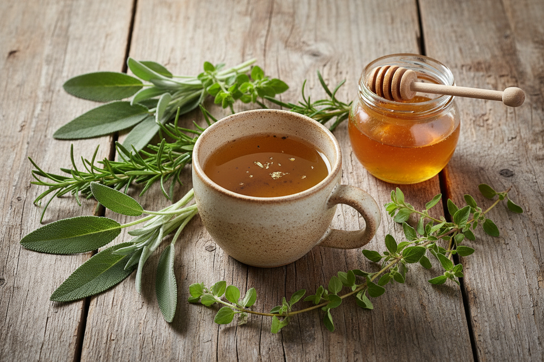 Cup of golden herbal tea surrounded by fresh sage, rosemary, and oregano with mountain honey on rustic wooden table