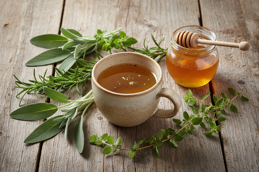 Cup of golden herbal tea surrounded by fresh sage, rosemary, and oregano with mountain honey on rustic wooden table