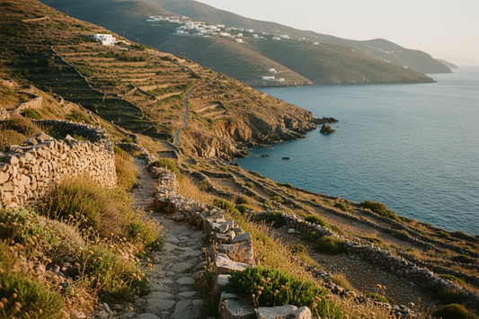 Rugged terraced hillsides of Ikaria cascading to the Aegean Sea at golden hour with wild herbs growing between ancient stone walls and a winding path to a distant village