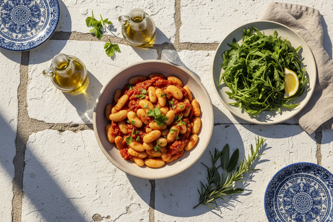 sun-drenched Mediterranean feel — giant white beans, wild greens, olive oil, and rustic ceramics on a whitewashed stone surface with warm Aegean light