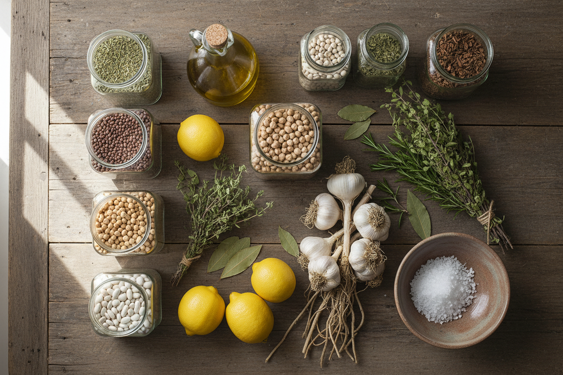  Overhead flat lay of Ikarian pantry staples including glass jars of lentils, chickpeas, white beans, olive oil, dried herbs, garlic, and lemons arranged on rustic wooden table