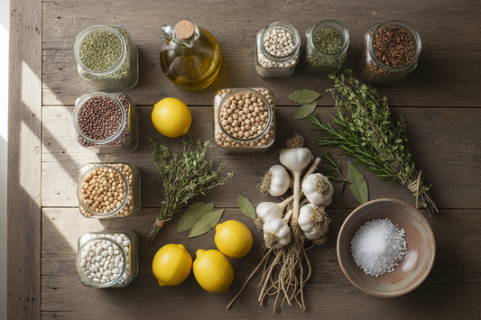  Overhead flat lay of Ikarian pantry staples including glass jars of lentils, chickpeas, white beans, olive oil, dried herbs, garlic, and lemons arranged on rustic wooden table