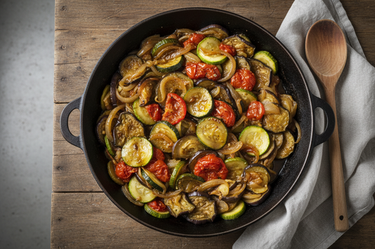 Overhead view of Ikarian Soufiko in a rustic pan showing layers of soft zucchini, eggplant, onions, and tomatoes glistening with golden olive oil