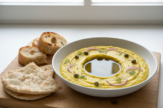 Traditional Ikarian fava - creamy yellow split pea purée with olive oil, red onion, and capers in a white bowl - Blue Zones Greek recipe