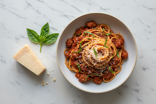 Top-down view of a bowl of spaghetti with Italian sausage and tomato sauce, twirled into a generous nest and topped with torn fresh basil and freshly grated Parmesan on a stone surface.