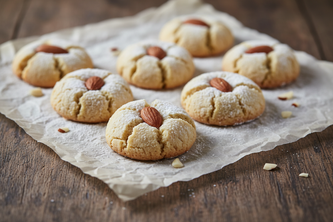 Pasticcini alle Mandorle arranged on parchment with natural light, cracked powdered sugar surfaces, whole almonds centred