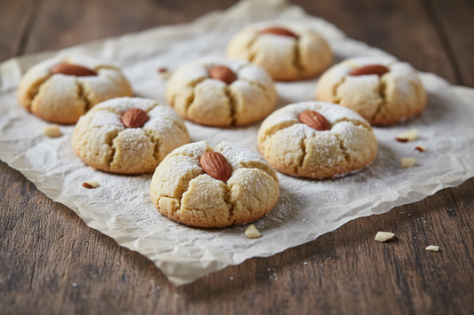 Pasticcini alle Mandorle arranged on parchment with natural light, cracked powdered sugar surfaces, whole almonds centred