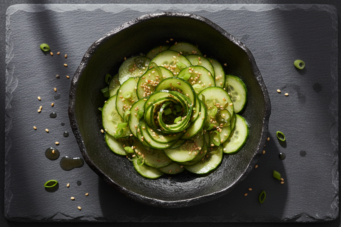 A dark ceramic bowl of thinly sliced cucumbers dressed in rice vinegar and sesame oil, topped with toasted sesame seeds and green onions, shot overhead on a dark slate surface