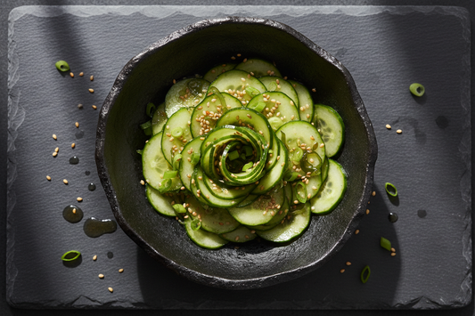 A dark ceramic bowl of thinly sliced cucumbers dressed in rice vinegar and sesame oil, topped with toasted sesame seeds and green onions, shot overhead on a dark slate surface