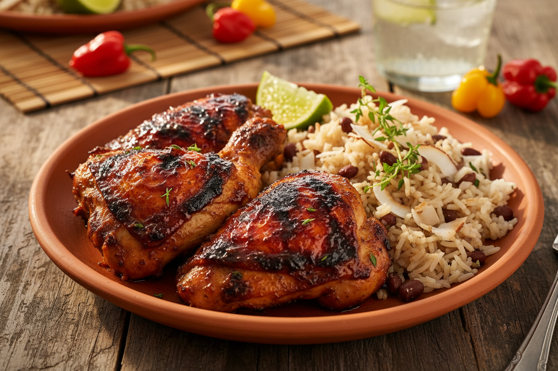 Jerk chicken thighs with charred caramelised skin served with coconut rice and peas and a wedge of lime
