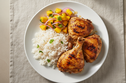 Crispy jerk chicken thighs served with coconut rice and fresh mango salsa on a white plate