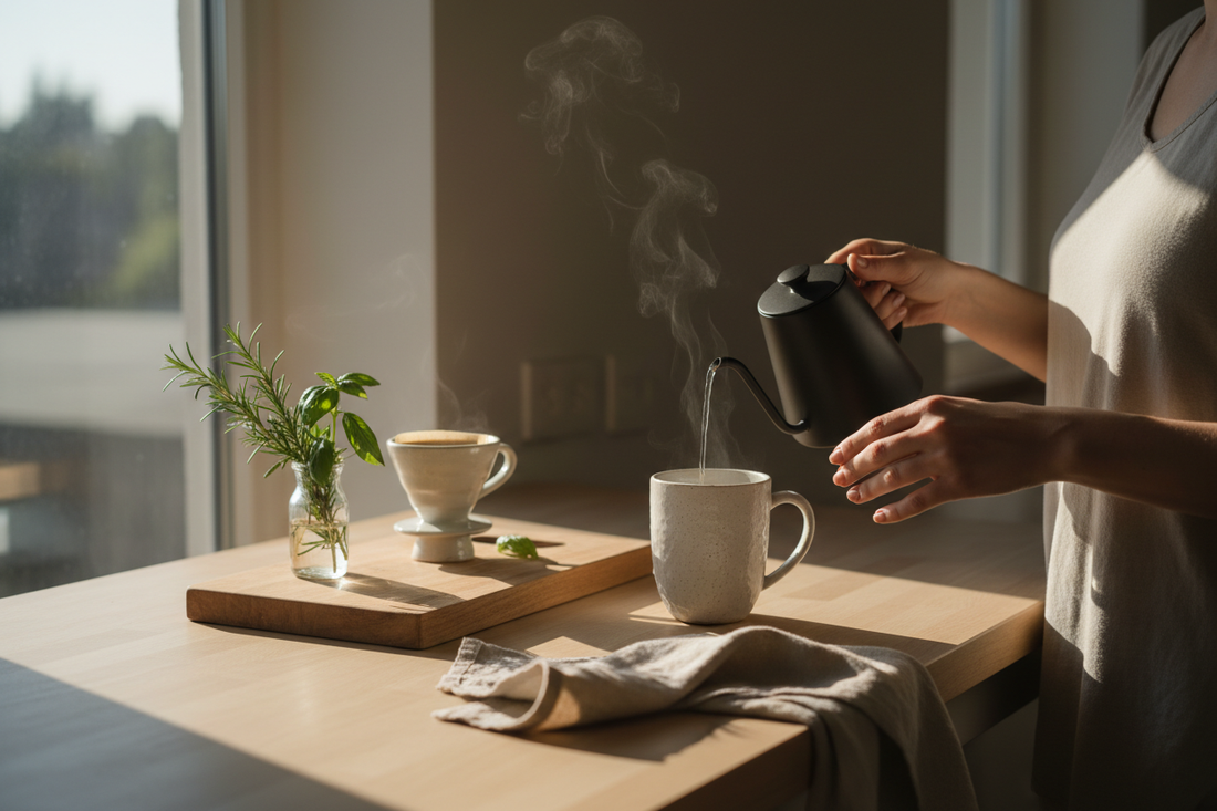 Hands mindfully preparing morning tea on a minimalist kitchen counter with natural light and fresh herbs