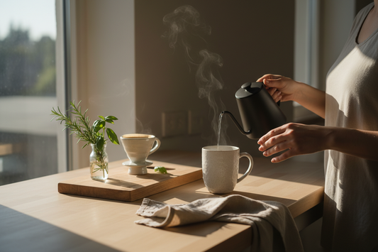 Hands mindfully preparing morning tea on a minimalist kitchen counter with natural light and fresh herbs