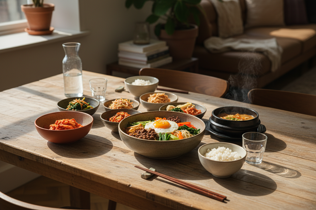 A warm, naturally lit dining table set for a Korean family meal featuring ceramic bowls of bibimbap, kimchi, and assorted banchan side dishes, steaming rice, and chopsticks resting on holders