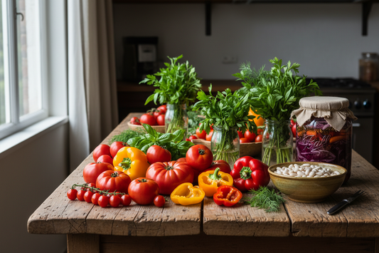 A rustic wooden table with ripe tomatoes, colourful peppers, fresh herbs, a jar of fermented vegetables, and a bowl of white beans in soft natural light.