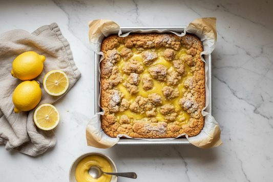 Overhead view of a lemon curd crumb cake in a parchment-lined pan with golden crumble topping, powdered sugar, and fresh lemons styled alongside
