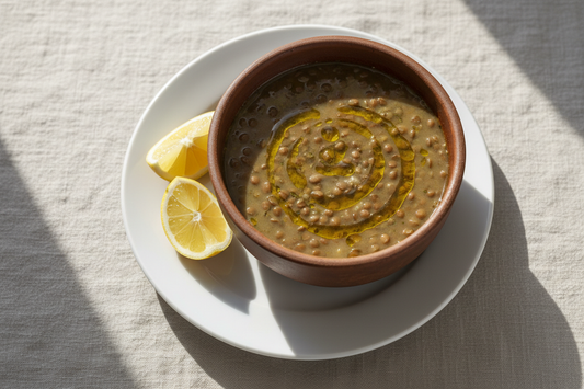 Bowl of traditional Greek lentil soup (fakes) with golden olive oil drizzle and fresh lemon wedges, photographed from above on white ceramic plate