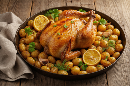 Golden roasted whole chicken with crispy skin on a bed of roasted baby potatoes with fresh herbs and lemon