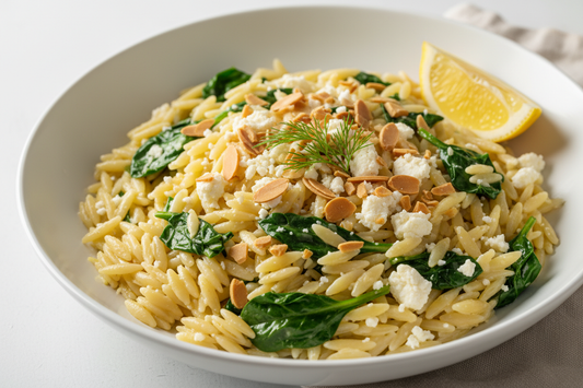 Lemon orzo with wilted spinach, crumbled feta, and toasted almonds in a wide white bowl, garnished with fresh dill and a lemon wedge