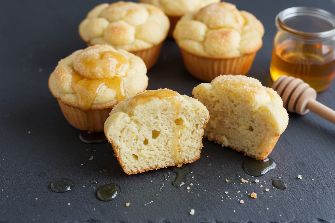 Three lemon ricotta cloud muffins with a golden honey drizzle on a dark slate surface, one split open to reveal a pale, airy crumb, with a small jar of honey and a honey dipper alongside