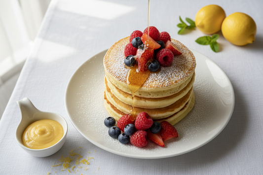 A stack of fluffy lemon ricotta pancakes dusted with icing sugar, topped with fresh mixed berries and a honey drizzle, with a small dish of lemon curd and scattered lemon zest on a white ceramic plate.