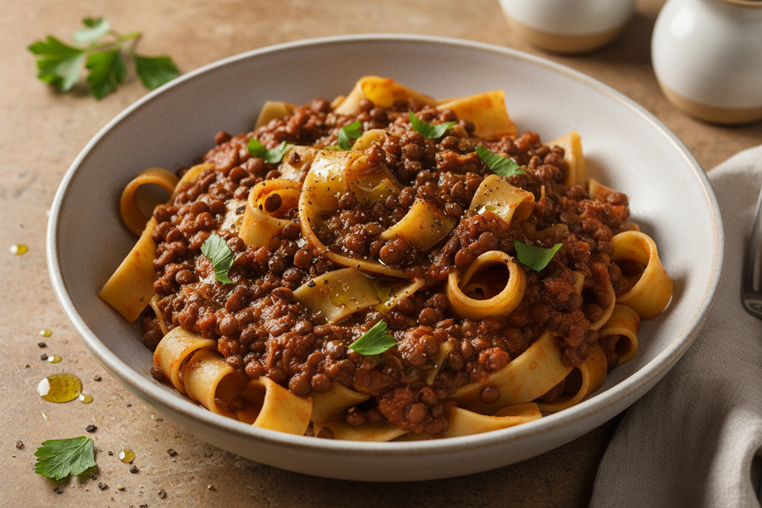 Overhead, wide ceramic bowl, deep rich ragù over pappardelle with parsley and olive oil on a warm stone surface.